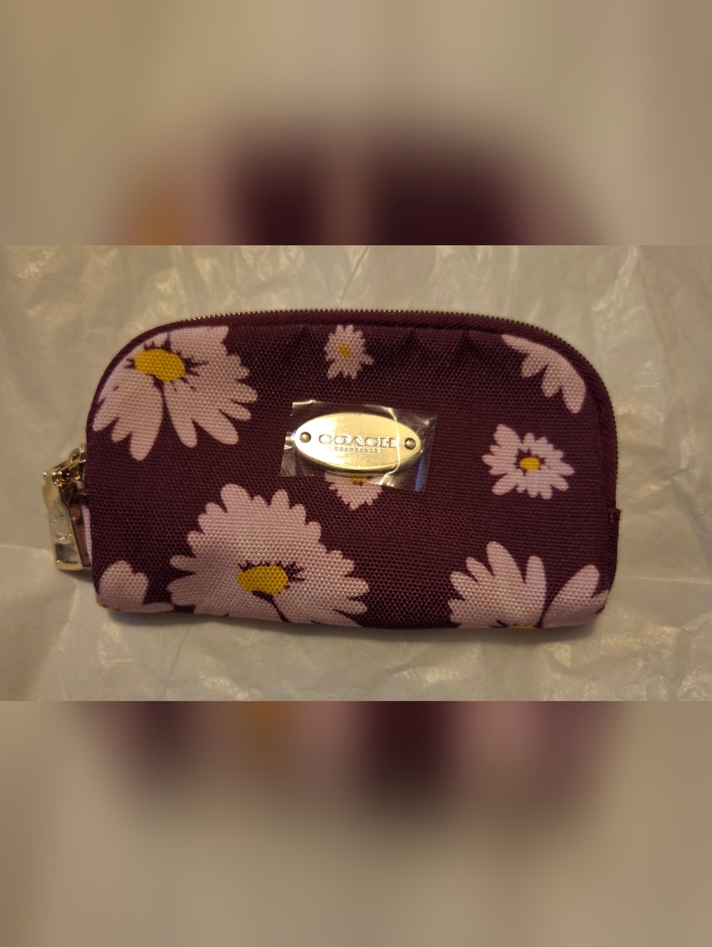 COACH Purple Daisy Print Cosmetic Pouch with Pink and Yellow Accents
